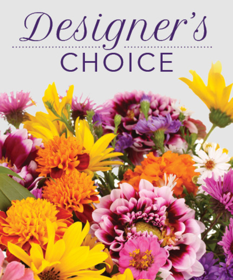 Image of a flower arrangement with yellow and purple flowers with text that reads: Designer's Choice.